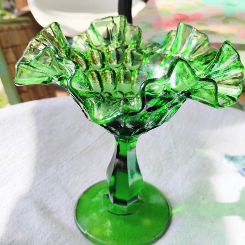 Fenton Green Glass Art Decorative Compote